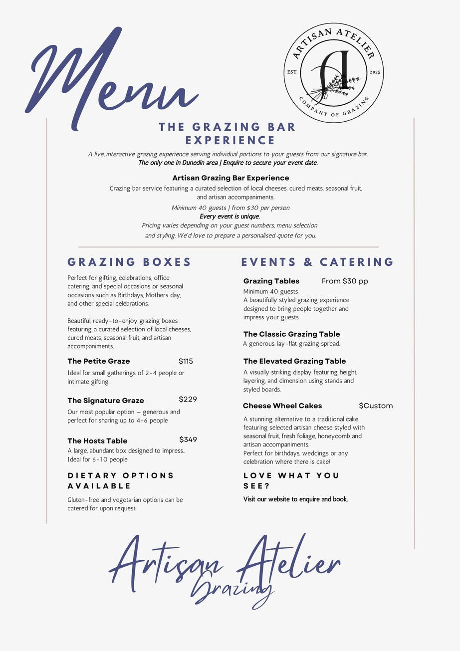 Grazing Menu Artisan Atelier Grazing Menu - charcuterie Dunedin